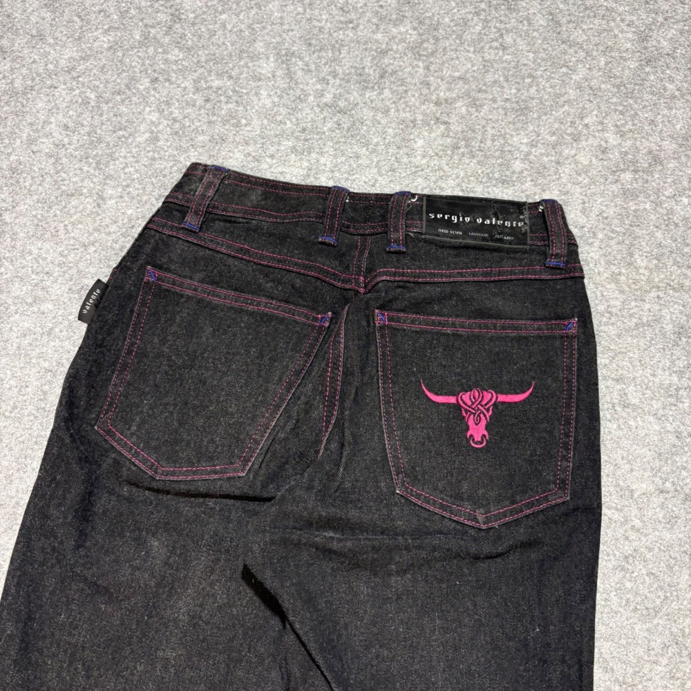 Sergio Valente Vintage Black Jeans Pink Stitching Bull Logo Size 25 Slim Leg